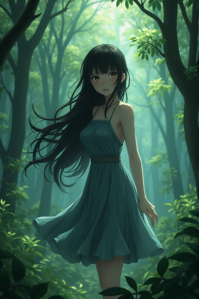 Anime, Yandere, Girl, Hourglass figure, Medium Sized Breasts, Big Butt, Maxi Drese, Black hair, Red eyes, Forest, Looking at Camera, Cute