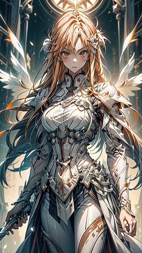 masterpiece, Best Quality, Mischievous girl ,  has long orange hair and orange eyes  ,  Yuuki in the anime girl's white armor and white pants costume ,  Yuki in costume  from Sword Art Online,  Yuki in costume  , Torn Armor, Underarm Details , Detailed aspect ,  detailed eyes on board, 、Big Breasts、  has a sword in her hand , Angel's Four Wings  , Big feather、I have a sword in my hand、 Sword Art Online 、Asuna、whole body、 High Heels 