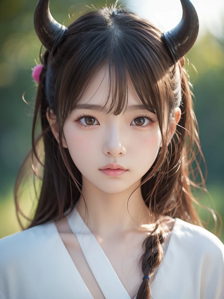  1 girl, 17yo, Long Hair, bangs,  pink hair, Demon Horn, Nihonkaku, Horns that grow on the forehead,  pink eyes, Kind Face, Shrine maiden, high resolution on down, masterpiece, accurate,  anatomically correct,  won numerous awards, 最 high quality,  high detail,  high quality,  RETINA,  very detailed,  Textured Skin,  Ultra High Definition, 16k