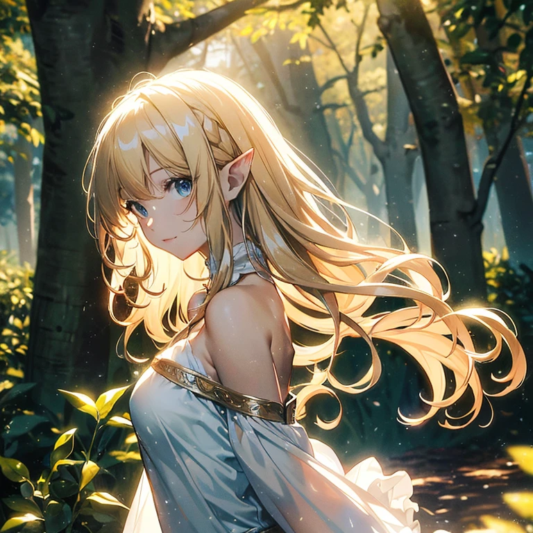 (8k), (masterpiece), (Best Quality), (Super Details), ( Award-winning ), (Game Illustration), (Greeting face),  lens flare , Shining Light, tree々A lady in costume standing in the middle, Modeling Shoot,  beautiful girl, Elf Girl, ( Facial beauty:0.8), Slender blonde girl, White skin, curly blonde hair, ( Off Shoulder), (Small breasts), (Light rain in the background)