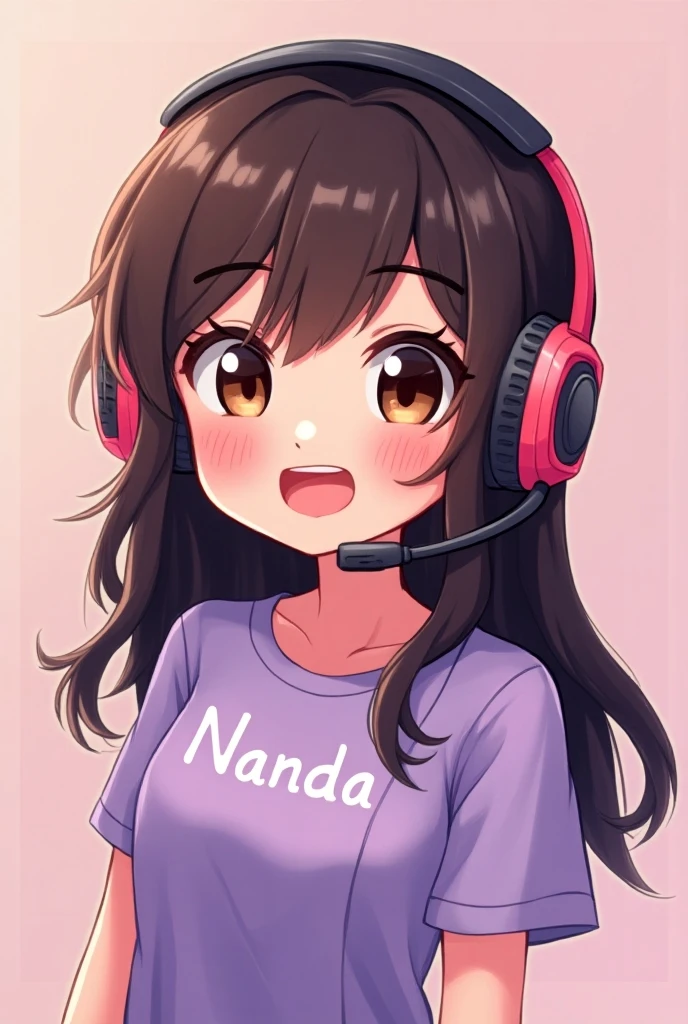 Create a cartoon drawing of a gamer girl with brown eyes with a headset and the name Nanda written on the lilac shirt and long dark brown hair and not too thin 