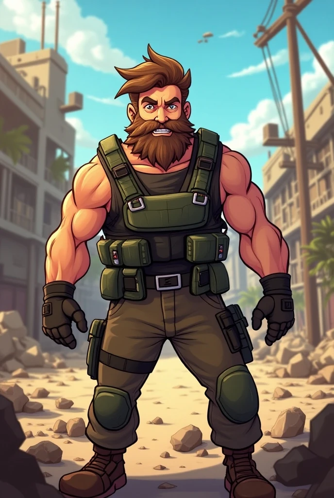 Make an image with a bearded character with light brown hair from Arena Breakout with military equipment with the name Andara gameplay in cartoon style