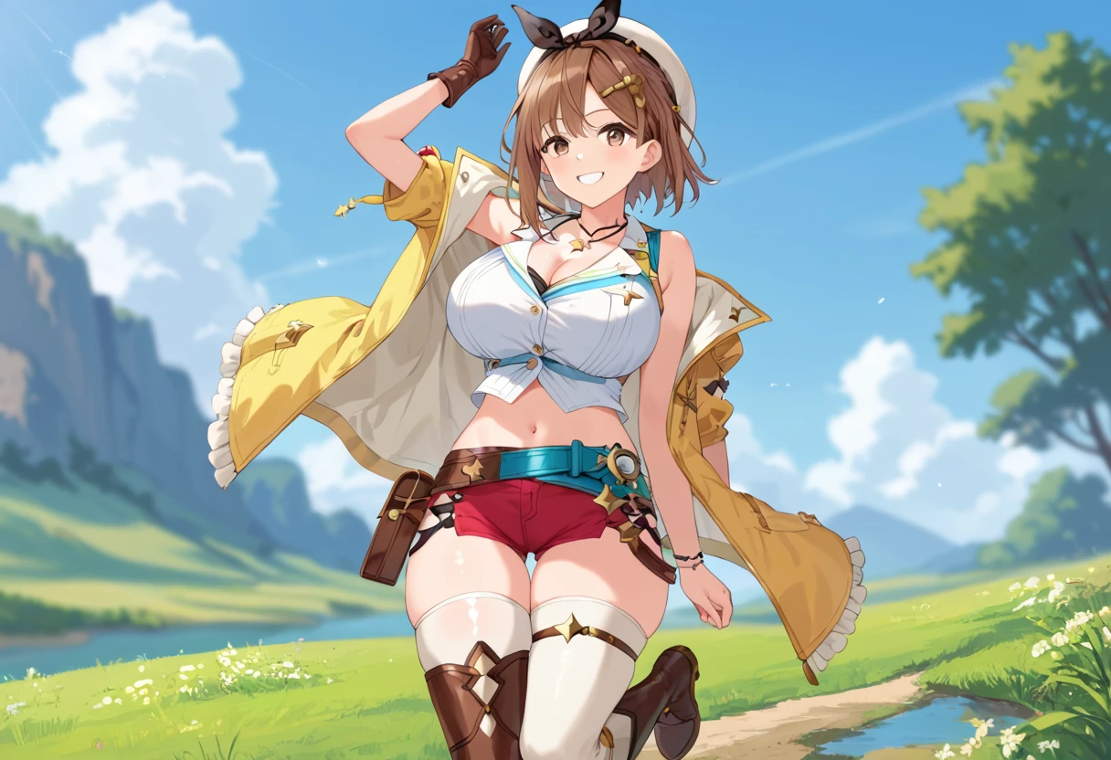 1 girl、High resolution、masterpiece、(Arena-DQ4、DQ4-Arena、orange hair)、smile、thin、muscular、thin太もも、tits、outdoors、grassland、Grass grows、((((white panties with detailed decorations))))、(navy blue hat、cape、skirt、dress)、boots、shot of her from below、Photographed from a low position、(black tights)、Attack with kicks、Zoom-up of the crotch