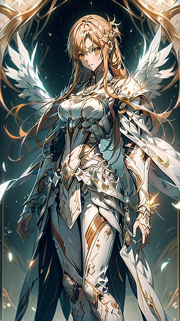 masterpiece, Best Quality, Mischievous girl ,  has long orange hair and orange eyes  ,  Yuuki in the anime girl's white armor and white pants costume ,  Yuki in costume  from Sword Art Online,  Yuki in costume  , Torn Armor, Underarm Details , Detailed aspect ,  detailed eyes on board, 、Big Breasts、  has a sword in her hand , Angel's Four Wings  , Big feather、I have a sword in my hand、 Sword Art Online 、Asuna、whole body、 High Heels 