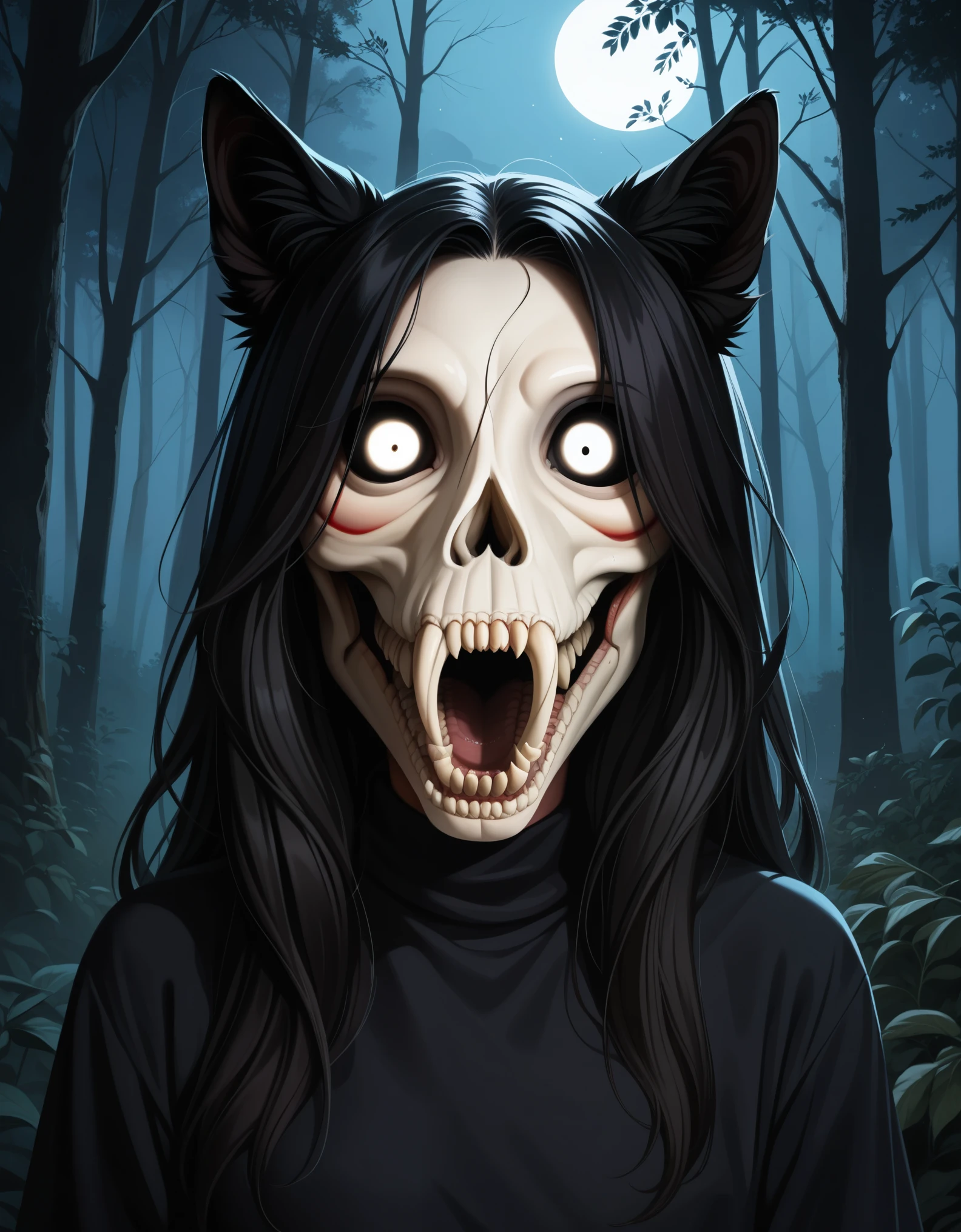 score_9, score_8_up, score_7_up, source_furry, rating_safe, hyperdetailed, clean lines, digital art, (mal0, SCP-1471:1.5), long hair, black hair, female, black fur, looking at viewer, detailed mouth, detailed teeth, standing, dark forest, night, nervous, fidgeting, tail