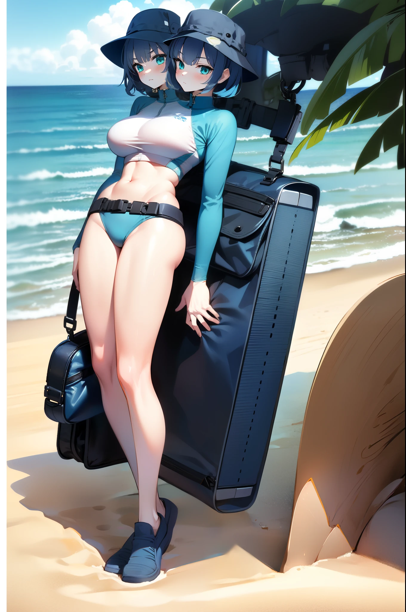 (masterpiece, best quality, highres, ultra detailed), 1girl,solo,medium dark blue hair, aqua eyes, swimsuit, bucket hat, beach background, rash guard, long raglan sleeves, black utility belt, belt pouch, duffel bag, (full body), small boobs, (2heads:1.1)