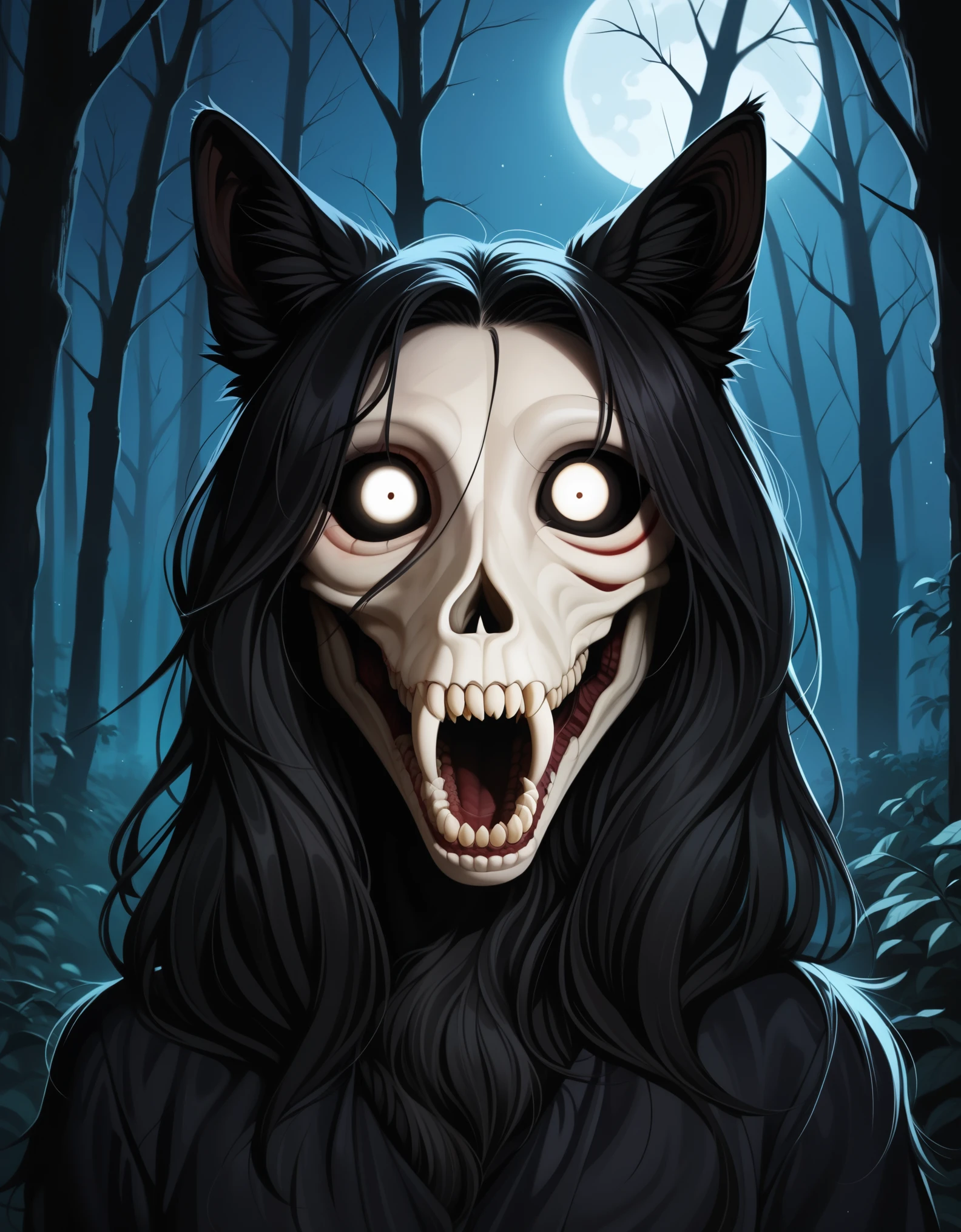 score_9, score_8_up, score_7_up, source_furry, rating_safe, hyperdetailed, clean lines, digital art, (mal0, SCP-1471:1.5), long fur, black fur, female furry, looking at viewer, detailed mouth, detailed teeth, standing, dark forest, night, nervous, fidgeting, tail