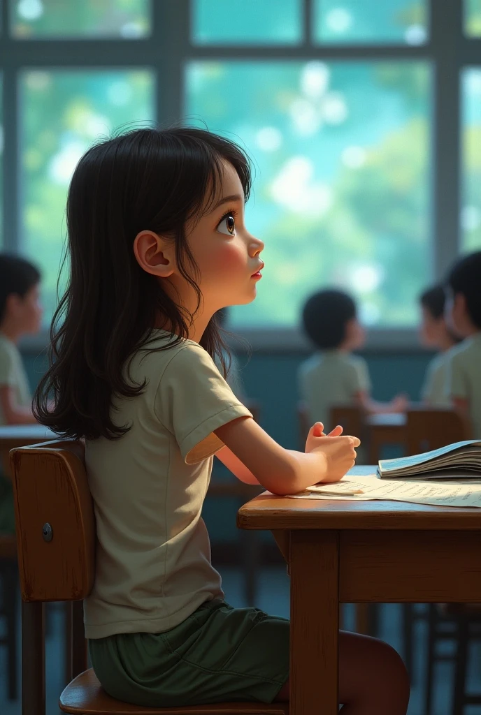 A girl sat on a last bench with blue colour dress and pencil in the mouth in a classroom