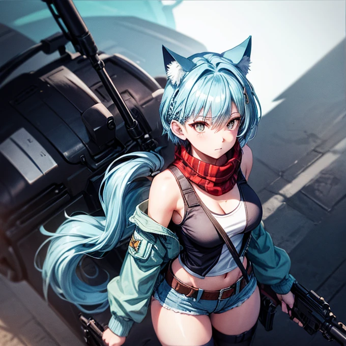 detailed bunny, beautiful face, detailed eyes, cute bunny cheeks, detailed bunny teeth, detailed bunny nose, love-shaped eyeballs, long shiny silver hair, back ponytail, bangs raised up, thick eyebrows, under-eye makeup, small tail bunny on buttocks, medium breasts, furry animal, riding on top of tank, enthusiastic look, grinning smile, mixed blue and green tracksuit undershirt, body covered in tank hole, pink tank, battlefield background, soft lighting, detailed tank cannon , plain shiny black neckband