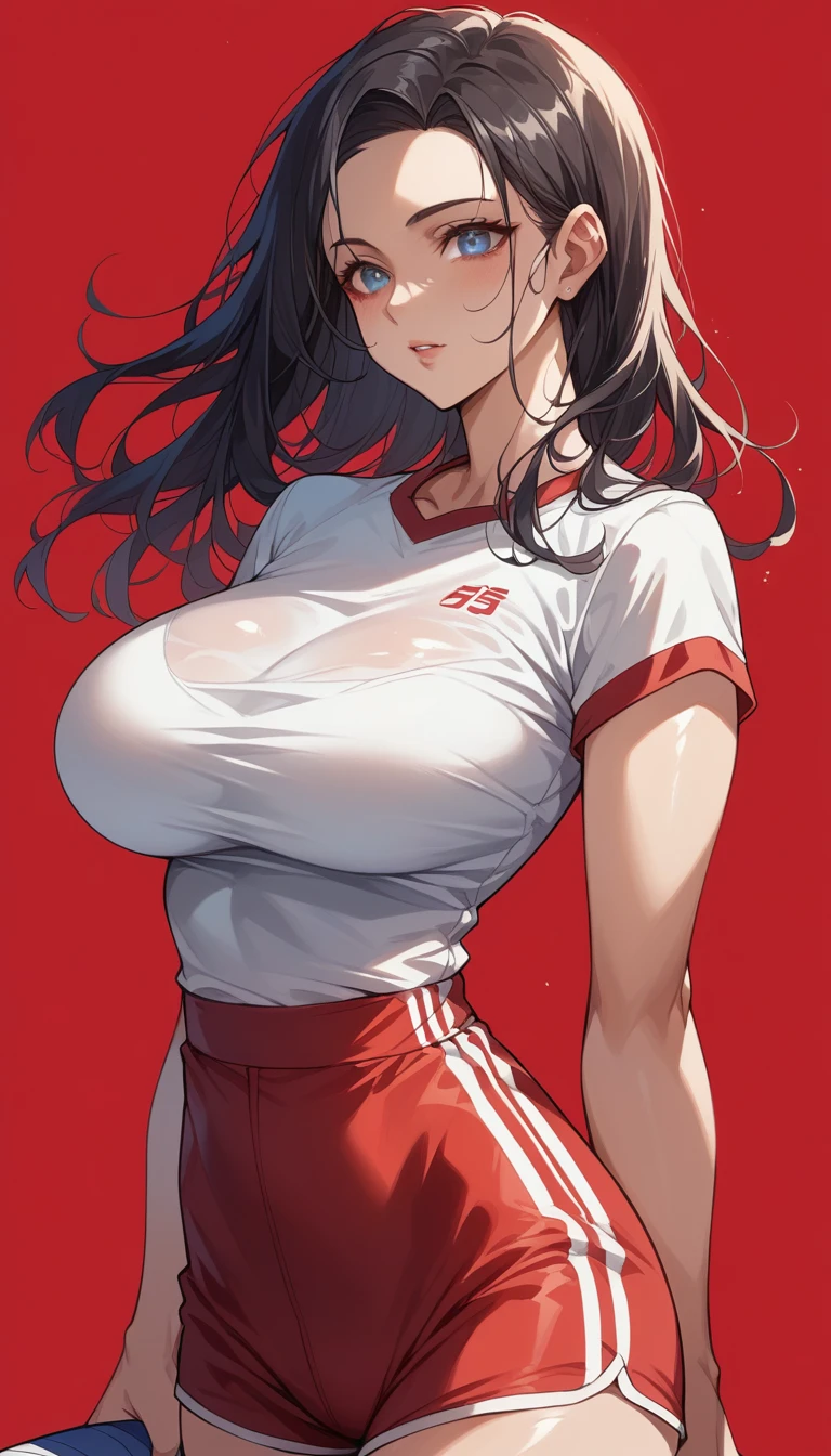 dark hair、long straight hair、silver eyes、white sport shirt red shorts、sports、 mature girl、shiny hair、(very big breasts),tight waist、thin waist、shiny skin、volleyball player、erotic、stoic、grinning, red background、