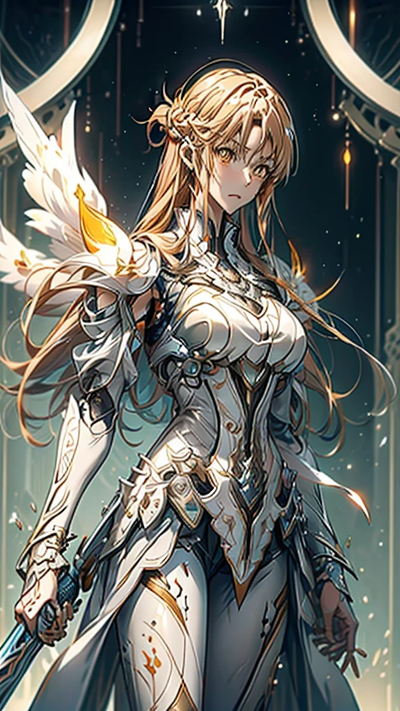 masterpiece, Best Quality, Mischievous girl ,  has long orange hair and orange eyes  ,  Yuuki in the anime girl's costume in white armor and white pants ,  Yuki in costume  from Sword Art Online,  Yuki in costume  , Torn Armor, Underarm Details , Detailed aspect ,  detailed eyes on board, 、Big Breasts、  has a sword in her hand , Angel's Four Wings  , Big feather、I have a large sword in my hand 、 Sword Art Online 、Asuna、whole body、 High Heels 