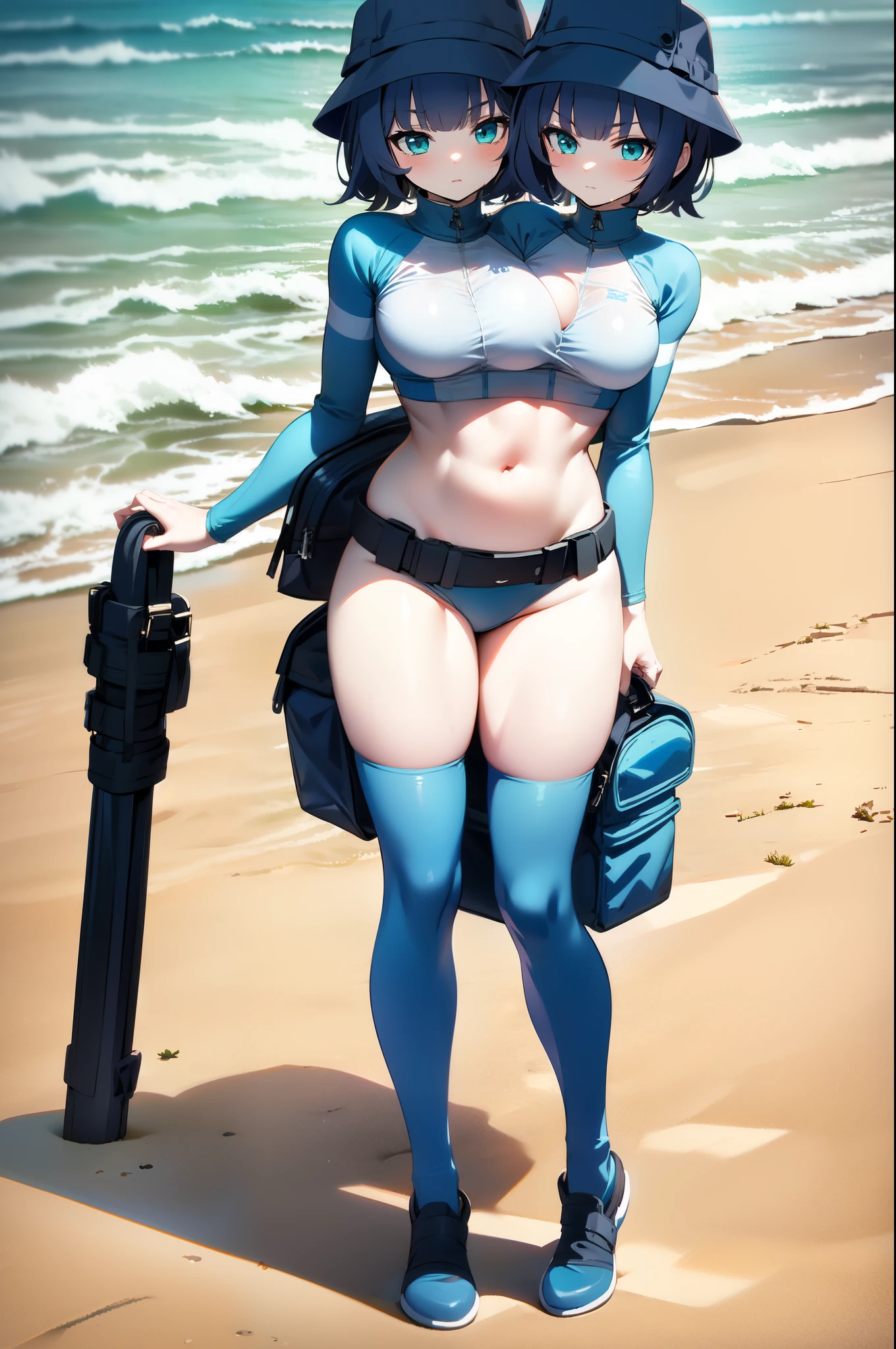 (masterpiece, best quality, highres, ultra detailed), 1girl,solo,medium dark blue hair, aqua eyes, swimsuit, bucket hat, beach background, rash guard, long raglan sleeves, black utility belt, belt pouch, duffel bag, (full body), small boobs, (2heads:1.1)