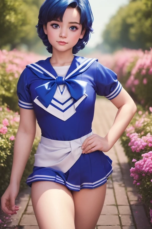 (((masterpiece)), (Best Quality), (Super detailed), (( very detailed)), 4K, (8k),  little girl， Sailor Mercury， sailor suit，  very short  ， thin thighs，aesthetics, Dream Core，garden，