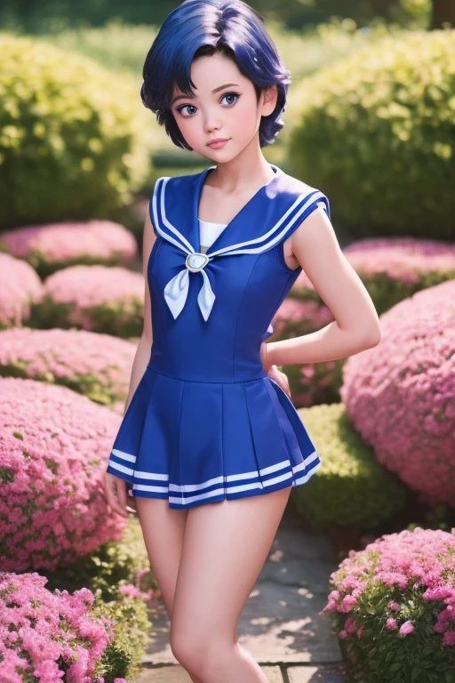 (((masterpiece)), (Highest quality), (Super detailed), ((Very detailed)), 4K, (8k), little female child，Sailor Mercury，Sailor suit，Very short stature，Thin thighs，aesthetics, Dream Core，garden，