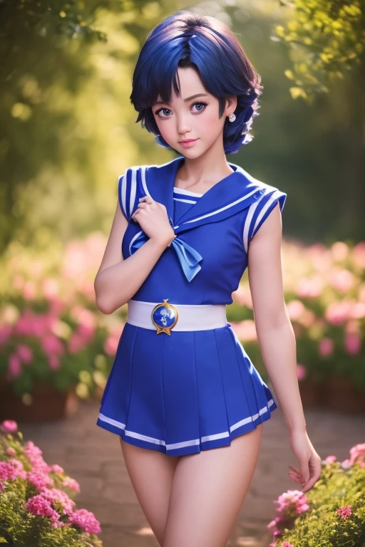 (((masterpiece)), (Best Quality), (Super detailed), (( very detailed)), 4K, (8k),   girl， Sailor Mercury， sailor suit，  very short  ， thin thighs，aesthetics, Dream Core，garden，