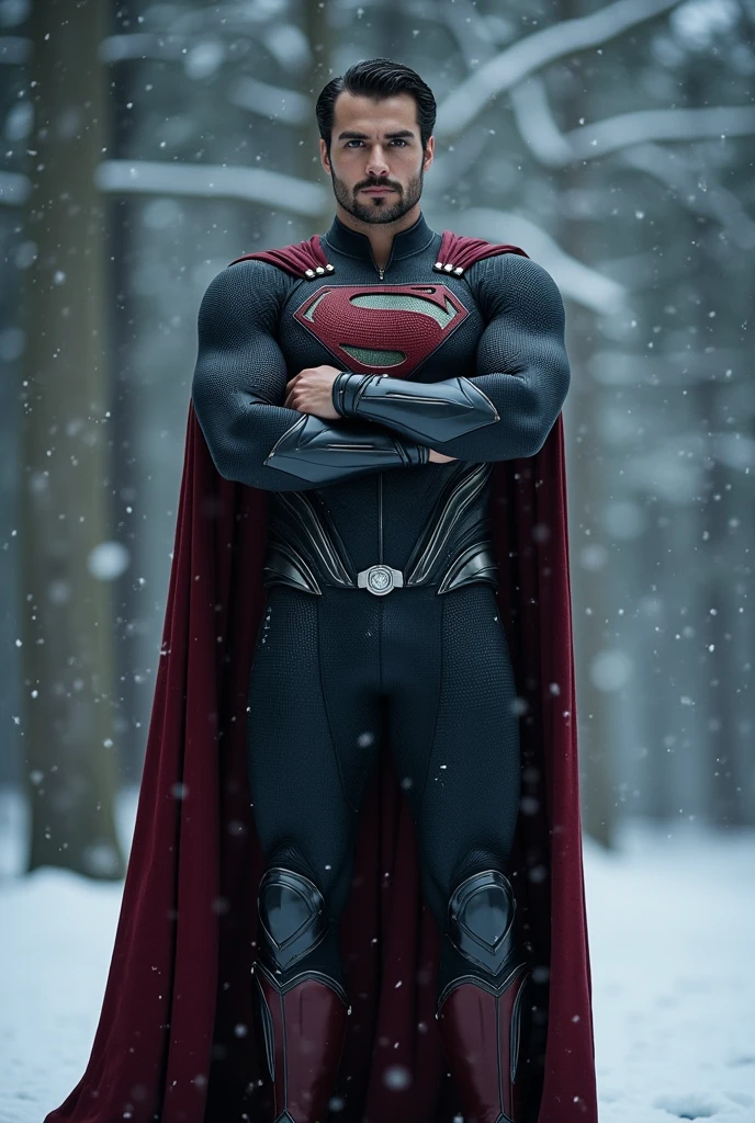 full body shot of a muscular attractive Nicholas Alexander Chavez, with short beard, wearing a Superman suit, dark red boots, The character is represented in a crossed arms posture. His expression is serious and reflects a sense of confident and determination. The background is blurred, suggesting a cold, possibly snowy environment, with snowflakes gently falling around the character, adding a somber and intense atmosphere to the image. The color scheme is dominated by dark tones, with the armor in black and silver hues