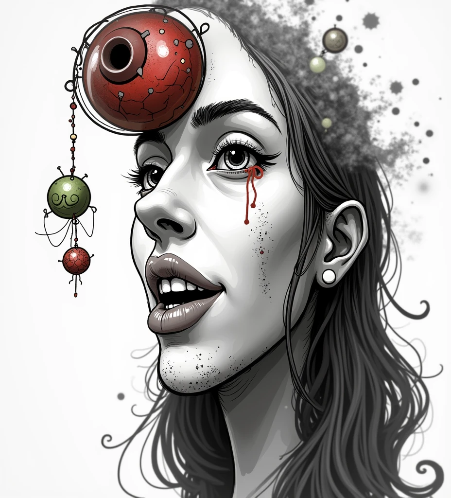 Anatomical brain, dripping multi-colored liquid, in the style of realistic hyper-detailed rendering, Neon color palette, Dental nucleus, Multi-level gestures, statuesque, Surrealist horror painter, graffiti, T-shirt design