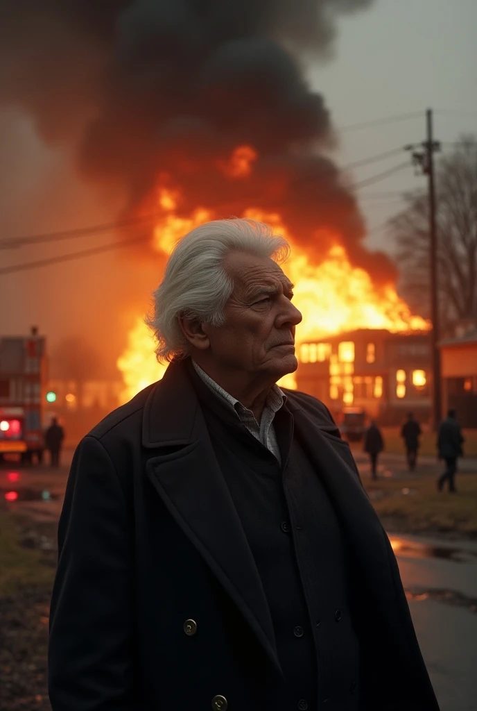 realista cena de cinema um senhor brasileiro gordo de 170cm de altura 55 anos, with glasses and gray hair, tranquilidade no rosto, In the background of the scene a 6-story building on fire with very realistic glass explosions