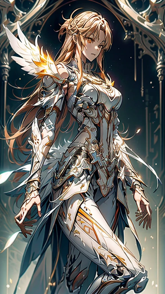 masterpiece, Best Quality, Mischievous girl ,  has long orange hair and orange eyes  ,  Yuuki in the anime girl's costume in white armor and white pants ,  Yuki in costume  from Sword Art Online,  Yuki in costume  , Torn Armor, Underarm Details , Detailed aspect ,  detailed eyes on board, 、Big Breasts、  has a sword in her hand , Angel's Four Wings  , Big feather、I have a large sword in my hand 、 Sword Art Online 、Asuna、whole body、 High Heels 