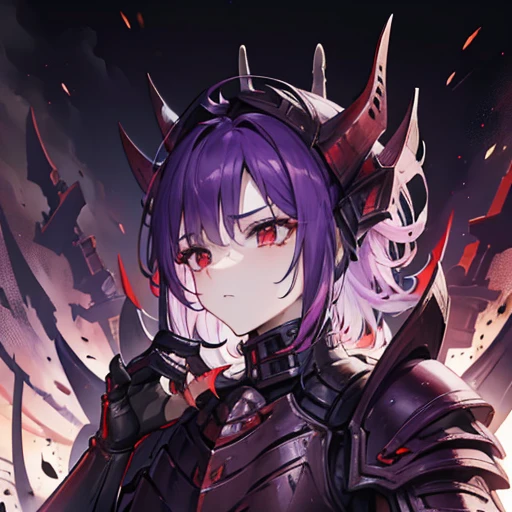 1male, high res, high detail, masterpiece, dark and  purple and white and red exoskeleton, tyranid, warhammer 40k, human face, bug hybrid, red eyes, white skin, dark purple head crest, purple hair, long tail with a stinger, spikes, claws, boy,  perfect face, perfect hands, , destroyed city background, male, king, boy, white torso, 