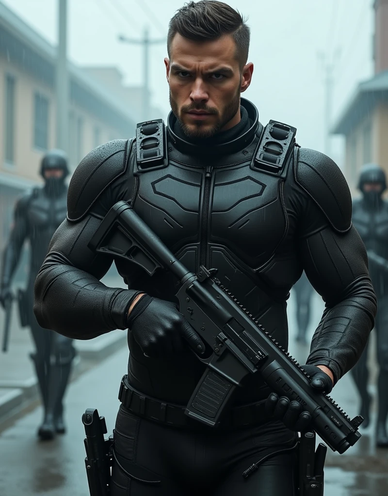 (masterpiece:1.2, Exceptional Quality, Mirror-like, Cinematic Experience, Best illustrations:2.0), Ultra-high resolution, Very detailed, 8k, wallpaper, (Super sexy man:0.5), (Super muscular:2.0), (Nicholas Alexander Chavez:2.0), (muscle male space soldier:2.0), (Muscular hairy Chest:2.0), (Elegant body:2.0), (Beautiful Eyes, Shining eyes, Detailed face, small beard, Beautiful skin texture:1.3, short undercut haircut:1.3), (Beautiful male hands:2.0), (Fine hand:2.0), (Hold an advanced Pistol.:2.0), (combat Stance, looking at camera:2.0), (He is wearing a form-fitting, black tactical suit.:2.0), (On a rainy battle field:2.0), (Super sexy:2.0), (Very muscular thighs:2.0), (Super functional:2.0), (Cyberpunk:2.0), (SF:2.0), (Visual Effects:2.0), (full body shot:2.0), (dynamic:2.0), (Serious:2.0)