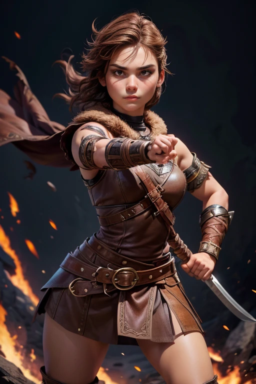  Young Viking woman , warrior, short brown hair, thick eyebrows, brown eyes, brown leather armor,  strappy leather top , fur skirt, fierce expression, heroic stance,  looking at the camera , fierce expression, Combat stance,  masterpiece , super detail,  lyrics,  Natural lighting,  sharp focus, Epic character composition.