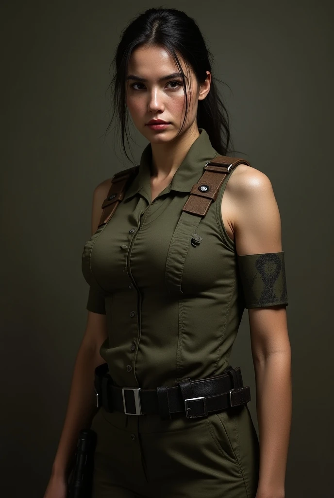 Young girl army shirt, (sweet smile), ultra high resolution, (top quality, masterpiece, intricate details), (detailed gloves, detailed fingers), (detailed face), (fashion photography portrait), professional lighting, ((shot whole body)), (wearing a black racing suit like an army uniform), (striped green mecha shirt), (wearing a military harness), ((hand holding a machine gun:1.4)), (military headphones),((NSFW )), (sexy:1.2) facing forward, ((big breasts)), (looking towards the audience:1.2), 1 girl, hair in a ponytail, (curvy), narrow waist, (army shirt:1.3), (open clothes:1.4), narrow), (advanced tank car background), (stepping walking pose:1.4), intricate details, (complex tank car details: 1.4), uncensored,
