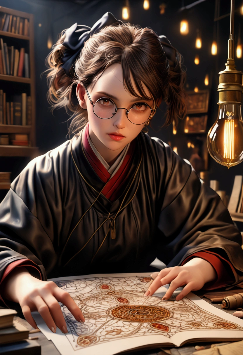 A detailed female sorcerer scientist with a mad scientist type look, studying curses in a jjk style, easy-going and chaotic, (best quality,4k,8k,highres,masterpiece:1.2),ultra-detailed,(realistic,photorealistic,photo-realistic:1.37),HDR,UHD,studio lighting,ultra-fine painting,sharp focus,physically-based rendering,extreme detail description,professional,vivid colors,bokeh