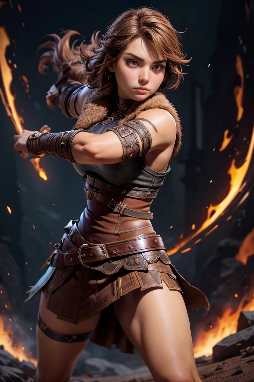  Young Viking woman , warrior, short brown hair, thick eyebrows, brown eyes, brown leather armor,  strappy leather top , fur skirt, fierce expression, heroic stance,  looking at the camera , fierce expression, Combat stance,  masterpiece , super detail,  lyrics,  Natural lighting,  sharp focus, Epic character composition.