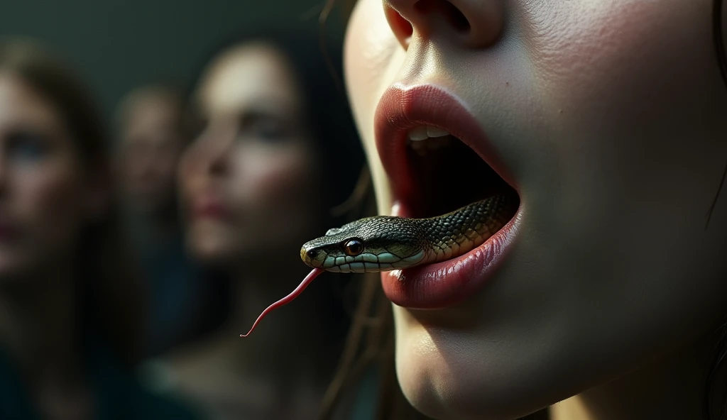 Snake swallowing woman brunette hazel eyes hands red nails