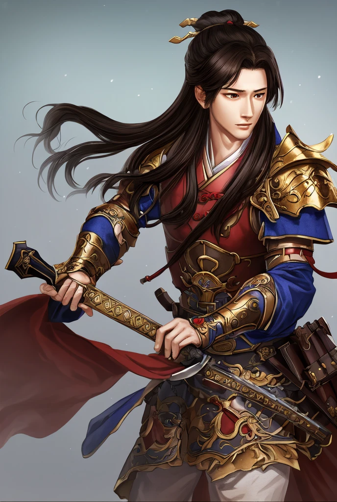 ((masterpiece)), best quality, romance of the three kingdoms, realistic, game cg, watercolor \(high\), 1boy, simple background, noble clothes, Oriental, with bangs, detailed hair, detailed brown eyes, detailed armor, short hair, black clothes