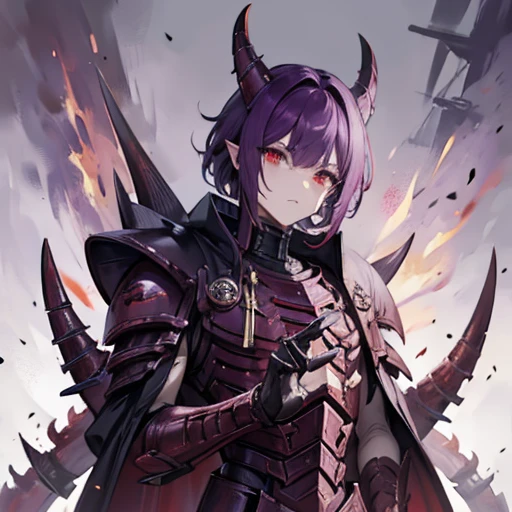 1male, high res, high detail, masterpiece, dark and  purple and white and red exoskeleton, tyranid, warhammer 40k, human face, bug hybrid, red eyes, white skin, dark purple head crest, purple hair, long tail with a stinger, spikes, claws, boy,  perfect face, perfect hands, , destroyed city background, male, king, boy, white torso, 