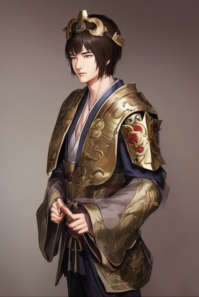 ((masterpiece)), best quality, romance of the three kingdoms, realistic, game cg, watercolor \(high\), 1boy, simple background, noble clothes, Oriental, with bangs, detailed hair, detailed brown eyes, detailed armor, short hair, black clothes