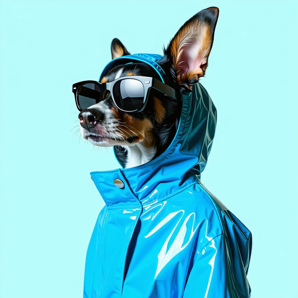 best mobile wallpaper,award - winning wallpaper,Photo photography,Front view of a cute dog,Dressed in mid-1960s space-age fashion,Side view photo,shot with Canon EOS R5,Set a strong contrast to make the subject stand out,Fluorescent blue,Wearing a very modern coat and sunglasses,It's a modern 1960s style,All clothes are one color,beatiful background