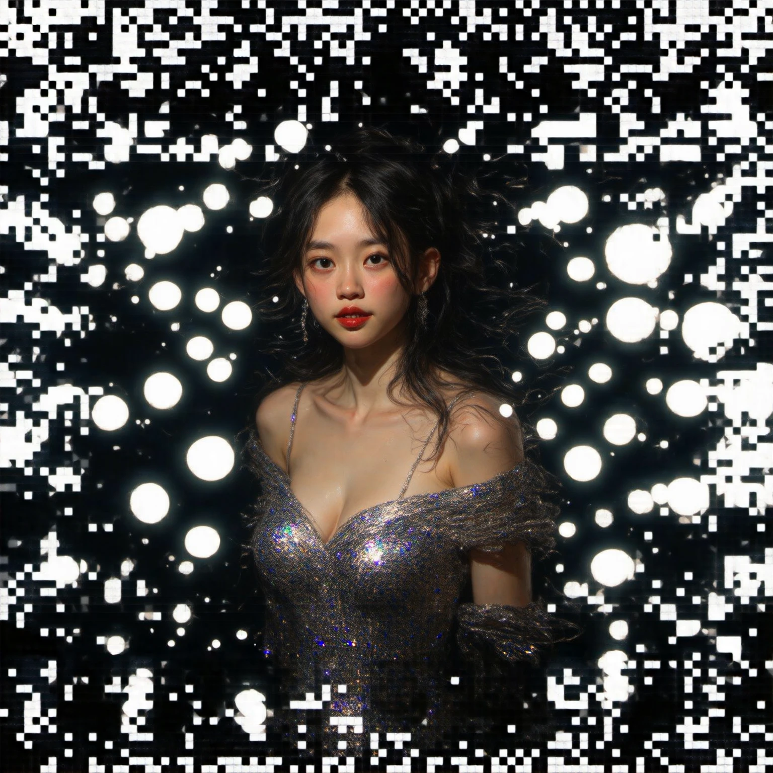 Lindsgnall_v1.0, ( Sharp focus : 1.5), ( Sharp focus :1.2), photore, Attractive young woman, ( Beautiful Face:1.1), 詳細な目 , lusciouslips, (natural makeup:0.85), (mediuml breasts:1.0), (Petite figure:1.2), dressed in (glitter dress:1.2) in a (:1.2). ( moody lighting :1.2), depth of fields, bokeh, 4K, HDR. elapse (James C. Christensen:1.2|JeremyLipking:1.1).