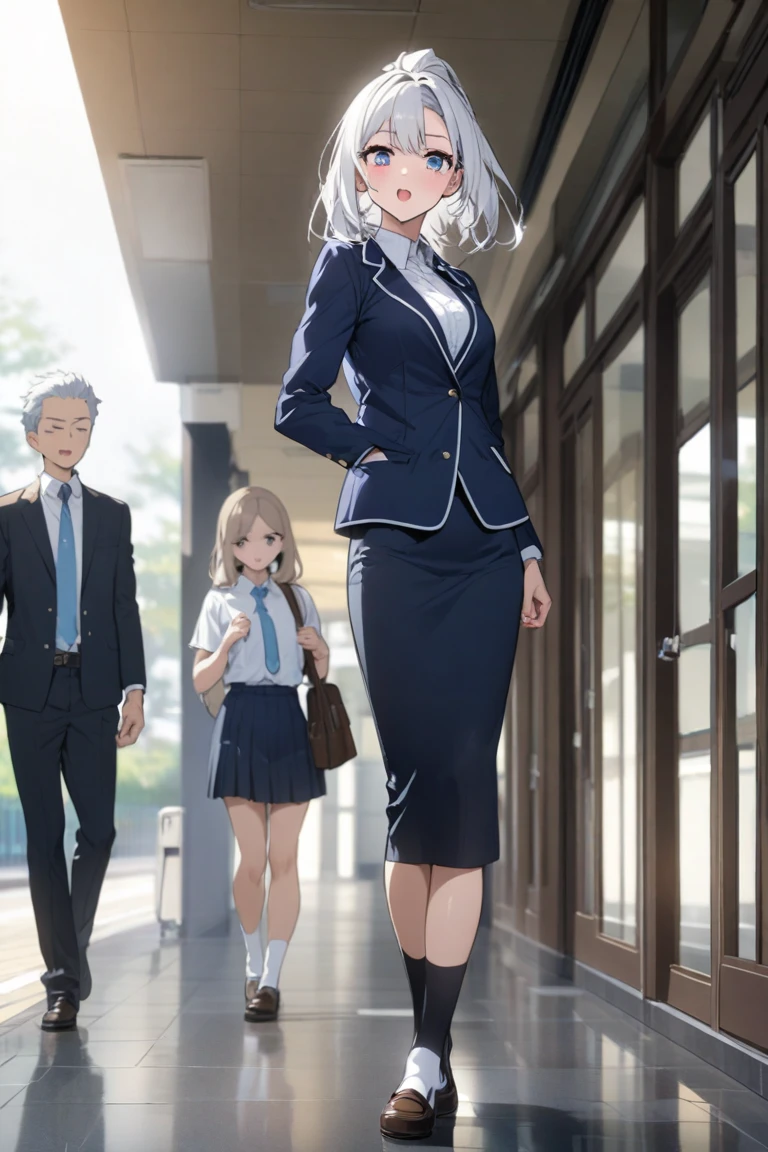 Tall 、 pretty woman with white hair at school