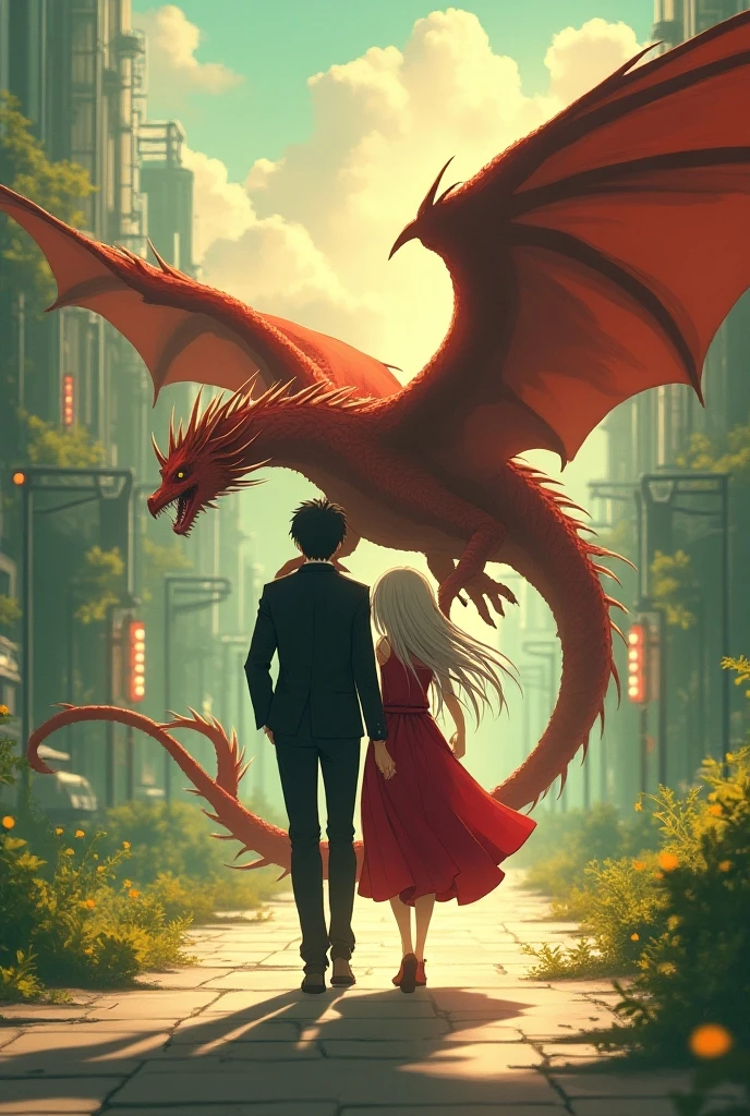 An anime couple walking in the red, wine, and green、 An anime couple walking in a wild sci-fi city . A girl with long waist-length hair 、whaite hair、 A girl with golden pupils , Holding a man with medium to long hair . Dragon and Phoenix figure surfacing . close-up perspective. conceptual art Makoto Shinkai , pixiv winner , romanticism lain, makoto shinkai cyril rolando, love concept art , Ross in a trance. Landscape background, Ross Chan (ross tran) and makoto shinkai (Makoto Shinkai), ross tran and ilya kuvshinov, loish 和 ross tran.