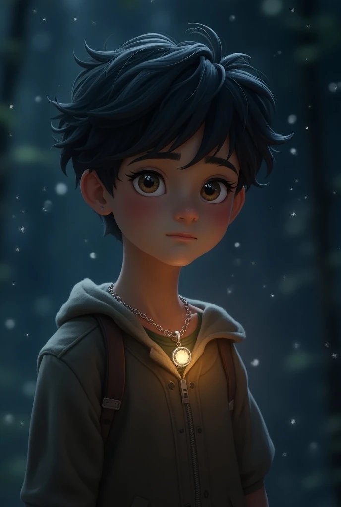 A boy named Thomas. His hair was as dark as night , and his curious eyes shone like distant stars 。. but what really caught everyone's attention was the ornament he wears around his neck : A small silver moon. This mysterious satellite is made of bright and delicate materials, It seems to emit a soft silver glow.