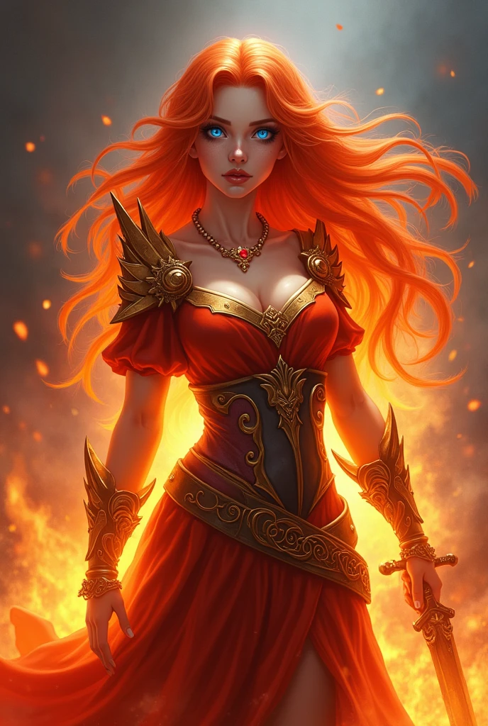 An outstanding painting of a beautiful white girl, flaming, surrounded by flames, dota2 fire girl style , Ghost knife wind, Fire-like hair, long stream of red hair , watery blue largeeyes, Slimming the waist, Wide hips, Mage robes, Magical colors, World of Warcraft style, courtesy of Blizzard Entertainment, hyper HD, 8 thousand, authentic skin texture, The best light, The best shadow, Lina in Dota 2 , Let's go, magicle world, down view, tiny mouth, small-nose, largeeyes, cute big breasts
