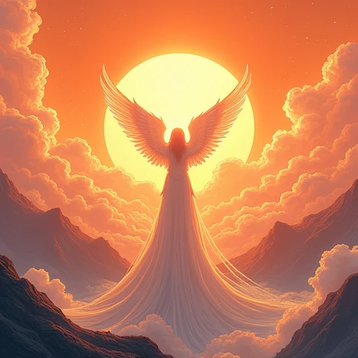 Angelic being,There are no human feelings, the creator of the universe, mito, In the background of an image, Sky mountain view, Orange clouds. and the mythical and angelic colors of the characters {x}. The style of the image should be comic style, in the background of the image , 以及人物的mito和天使色彩