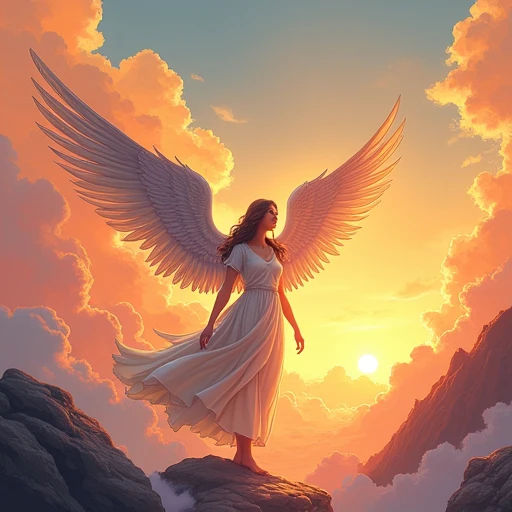 Angelic being,There are no human feelings, the creator of the universe, myth, In the background of an image, Sky mountain view, Orange clouds . and the mythical and angelic colors of the characters {x}. The style of the image should be comic style, in the background of the image , 以及人物的myth和天使色彩