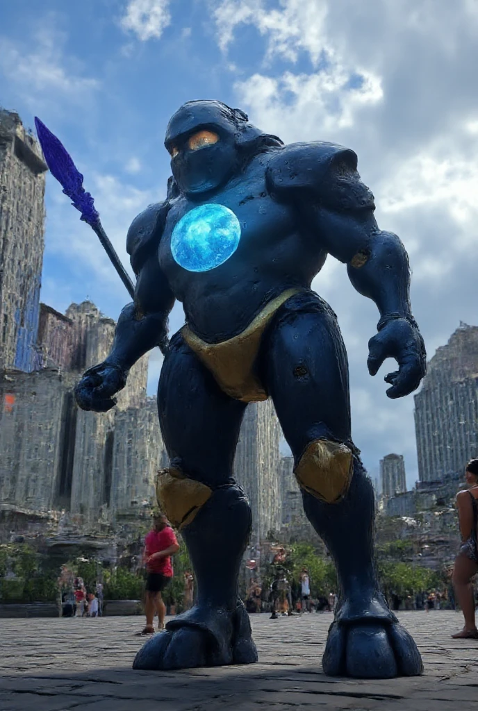 high definition, sky, clouds, spear weapon, glowing, state-of-the-art robot, building, glowing eyes, state-of-the-art mech, science fiction, city, real, blue main mech, core on chest,like Poseidon,