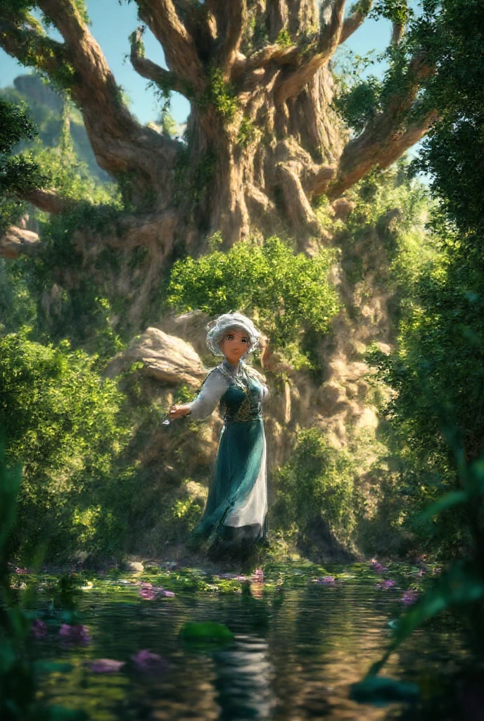 Hanfu, (you_swarm), The tree, pools of water, whaite hair, green eyes, Nahida_Genshin Impact, Gamine, tmasterpiece, Best