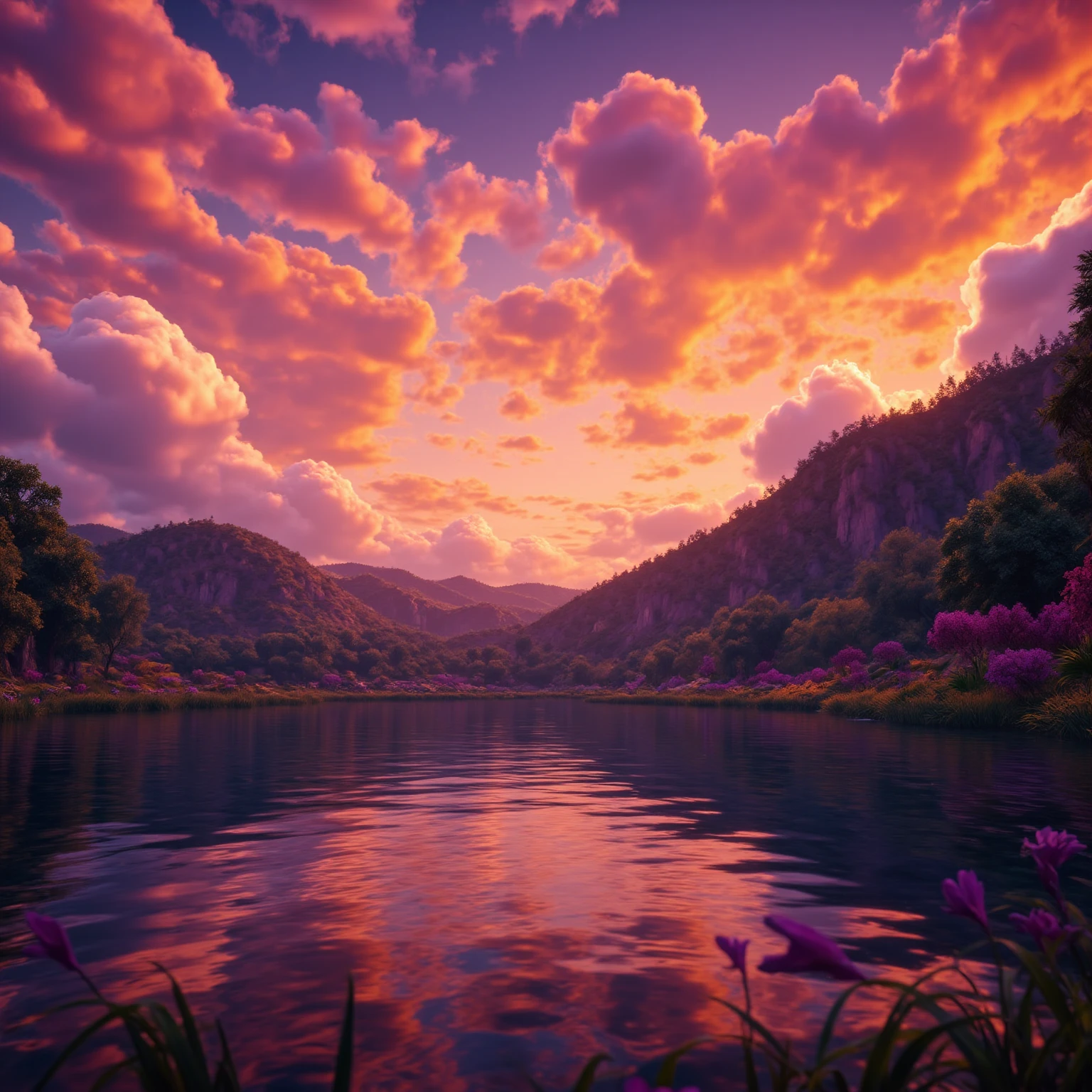 (maximum quality image, masterpiece), detailed landscape, tranquil lake (reflecting the vibrant sky at dusk),nuances of colors,quiet.