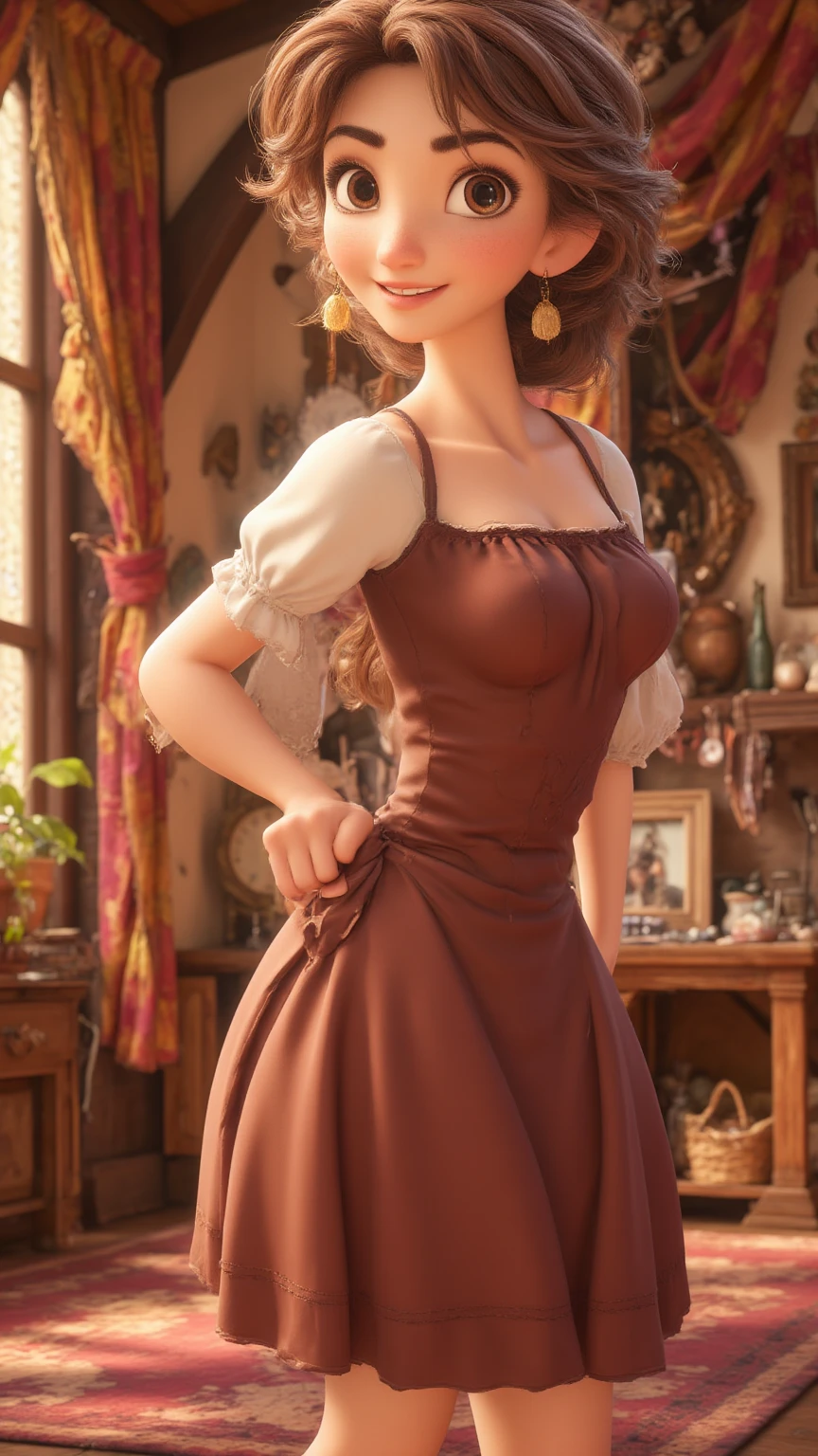 there is a woman in a brown dress standing in a room, female protagonist, rin, female protagonist 👀 :8, style game square enix, sayori, ayami kojima amano, inspired by Riusuke Fukahori, deayami kojima, makoto shinka, kasumi arimura style 3/4, female character, jin kagetsu