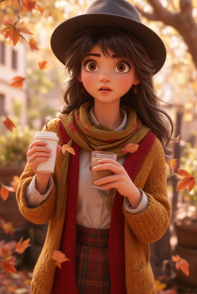 1girl, autumn leaves, bangs, black headwear, blurry background, blush, brown eyes, brown hair, brown scarf, brown skirt, cardigan, coffee, cowboy shot, cup, disposable cup, drink, falling leaves, beanie, holding, holding drink, leaf, long hair, long sleeves, looking at viewer, open cardigan, open mouth, plaid, plaid skirt, puffy long sleeves, red sweater, scarf, shirt, shirt tucked in, sidelocks, skirt, ile, solo, sweater, white shirt, extremely detailed, intricate, masterpiece, absurdres