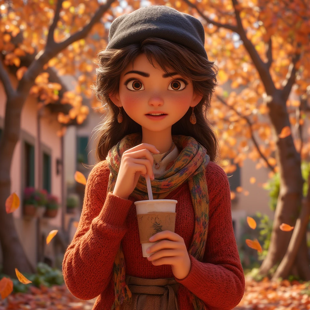 1girl, autumn leaves, bangs, black headwear, blurry background, blush, brown eyes, brown hair, brown scarf, brown skirt, cardigan, coffee, cowboy shot, cup, disposable cup, drink, falling leaves, beanie, holding, holding drink, leaf, long hair, long sleeves, looking at viewer, open cardigan, open mouth, plaid, plaid skirt, puffy long sleeves, red sweater, scarf, shirt, shirt tucked in, sidelocks, skirt, ile, solo, sweater, white shirt, extremely detailed, intricate, masterpiece, absurdres