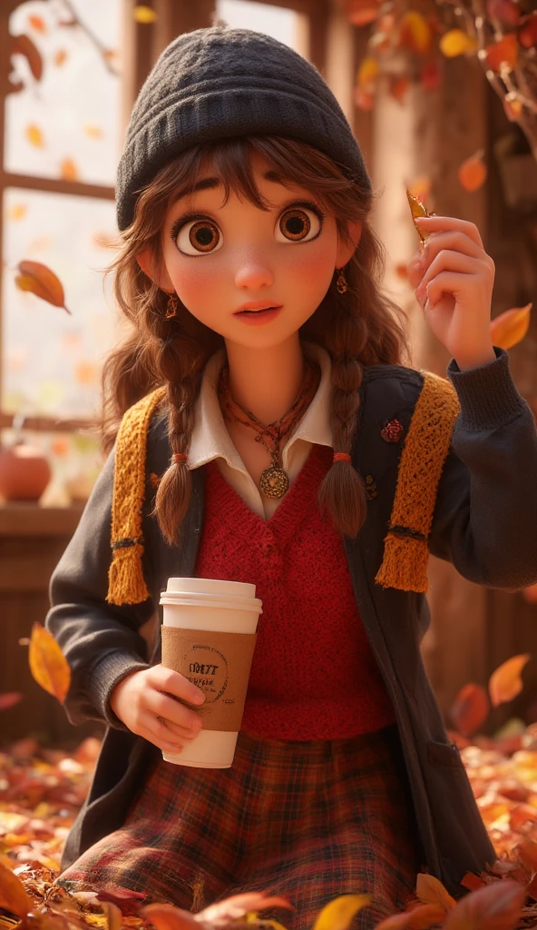 1girl, autumn leaves, bangs, black headwear, blurry background, blush, brown eyes, brown hair, brown scarf, brown skirt, cardigan, coffee, cowboy shot, cup, disposable cup, drink, falling leaves, beanie, holding, holding drink, leaf, long hair, long sleeves, looking at viewer, open cardigan, open mouth, plaid, plaid skirt, puffy long sleeves, red sweater, scarf, shirt, shirt tucked in, sidelocks, skirt, ile, solo, sweater, white shirt, extremely detailed, intricate, masterpiece, absurdres