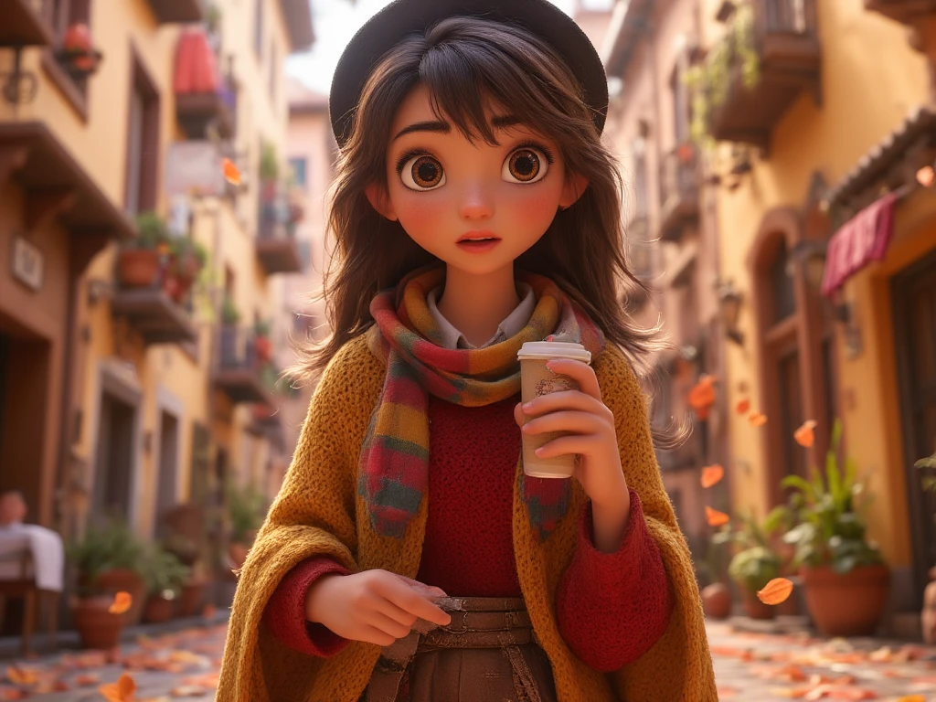 1girl, autumn leaves, bangs, black headwear, blurry background, blush, brown eyes, brown hair, brown scarf, brown skirt, cardigan, coffee, cowboy shot, cup, disposable cup, drink, falling leaves, beanie, holding, holding drink, leaf, long hair, long sleeves, looking at viewer, open cardigan, open mouth, plaid, plaid skirt, puffy long sleeves, red sweater, scarf, shirt, shirt tucked in, sidelocks, skirt, ile, solo, sweater, white shirt, extremely detailed, intricate, masterpiece, absurdres