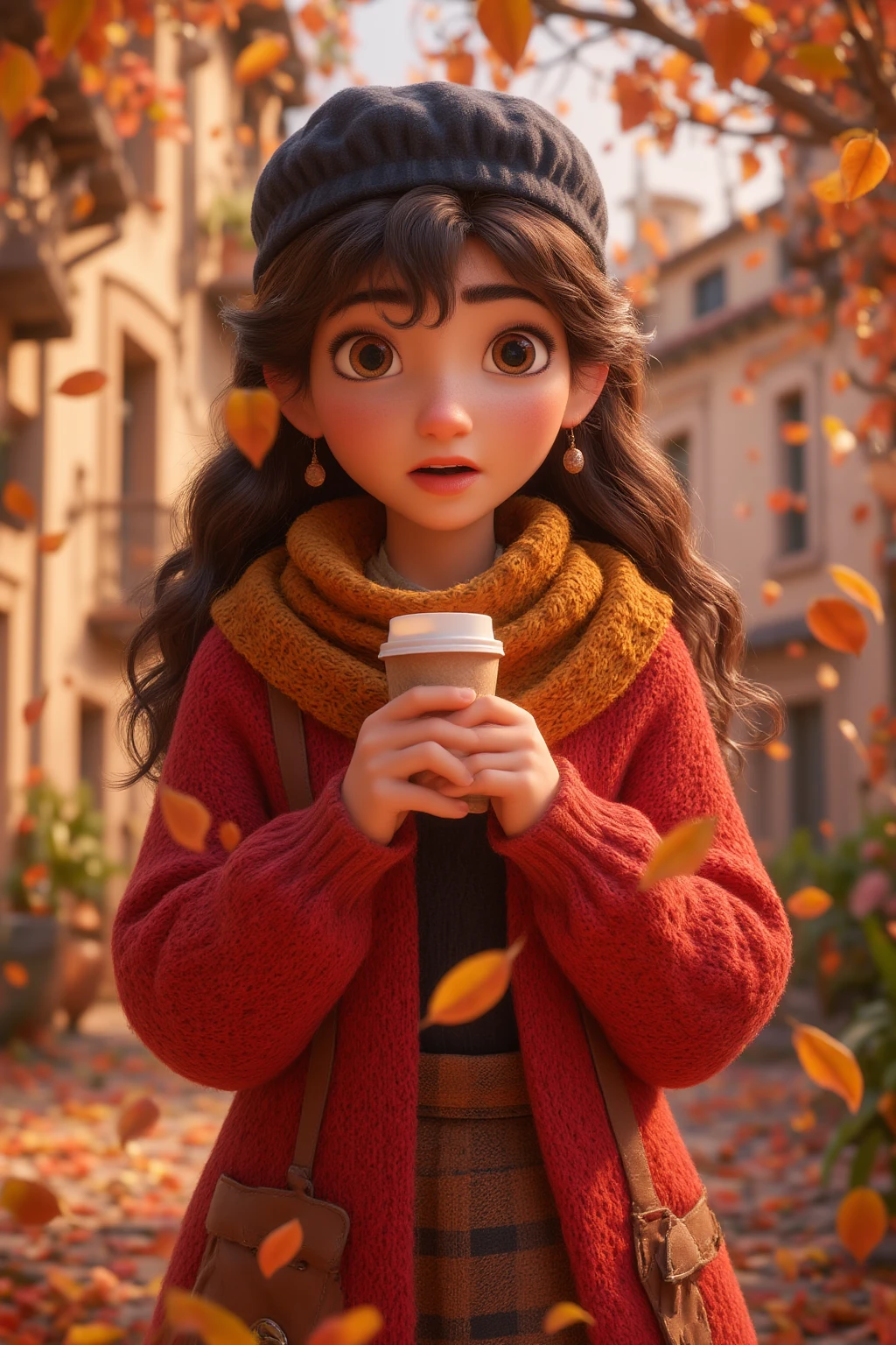 1girl, autumn leaves, bangs, black headwear, blurry background, blush, brown eyes, brown hair, brown scarf, brown skirt, cardigan, coffee, cowboy shot, cup, disposable cup, drink, falling leaves, beanie, holding, holding drink, leaf, long hair, long sleeves, looking at viewer, open cardigan, open mouth, plaid, plaid skirt, puffy long sleeves, red sweater, scarf, shirt, shirt tucked in, sidelocks, skirt, ile, solo, sweater, white shirt, extremely detailed, intricate, masterpiece, absurdres
